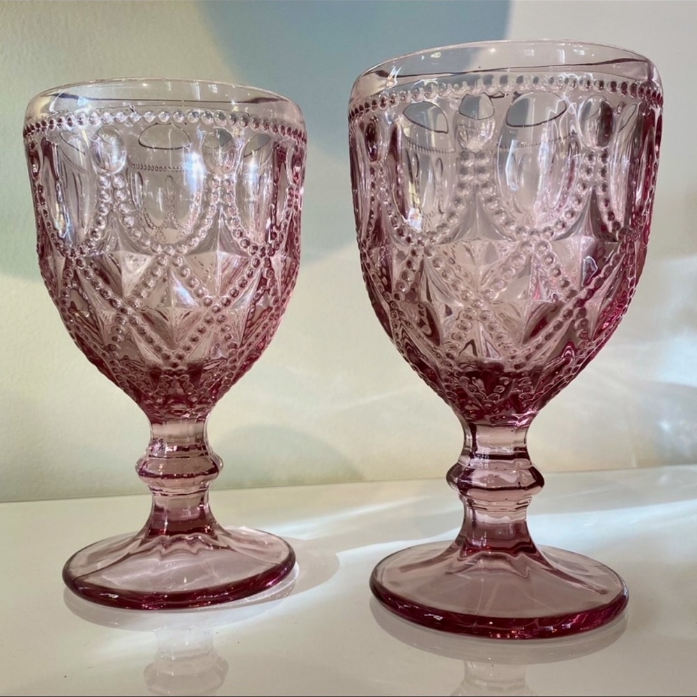 Pair Rare Vintage Pink Glass Goblet